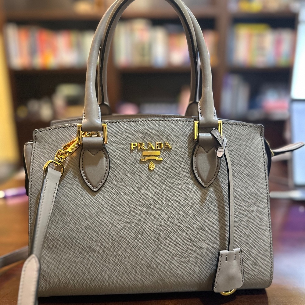 Prada bag, soft-c Saffiano leather, size mini, and color argilla (taupe)